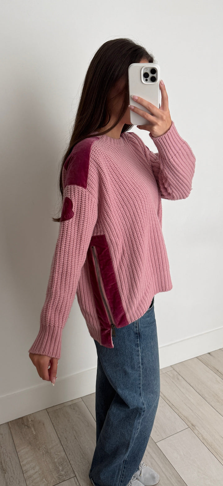 Moncler Pink Wool Cashmere Knit Sweater with Velvet Accents Size 2