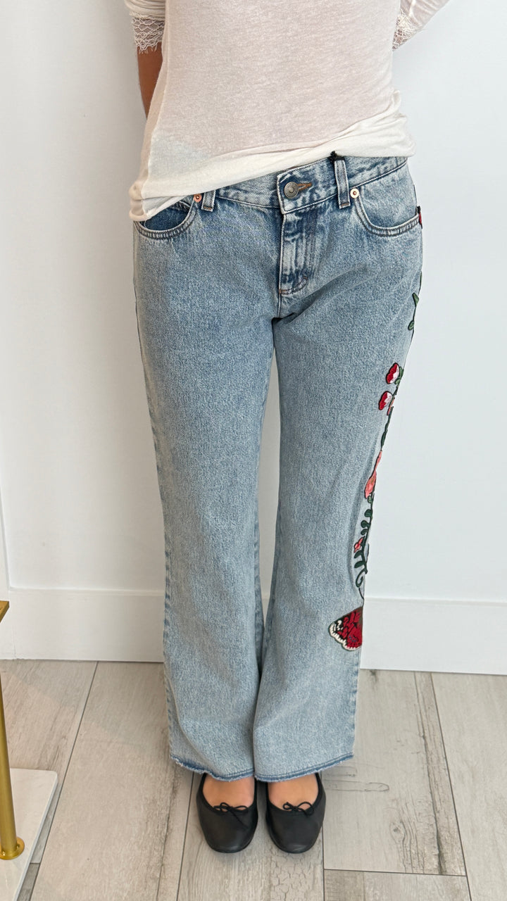Gucci Light Wash Bootcut Jeans with Floral Patches Size 27
