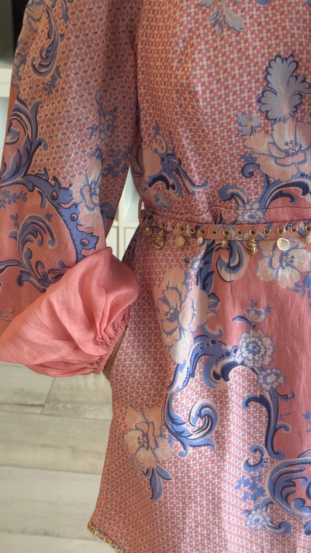 Zimmerman Pink and Blue Printed Dress with Gold Chain Detail Size 3