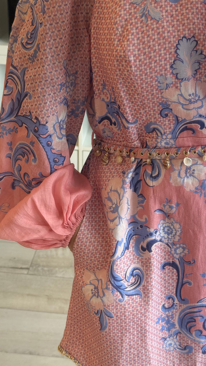 Zimmerman Pink and Blue Printed Dress with Gold Chain Detail Size 3