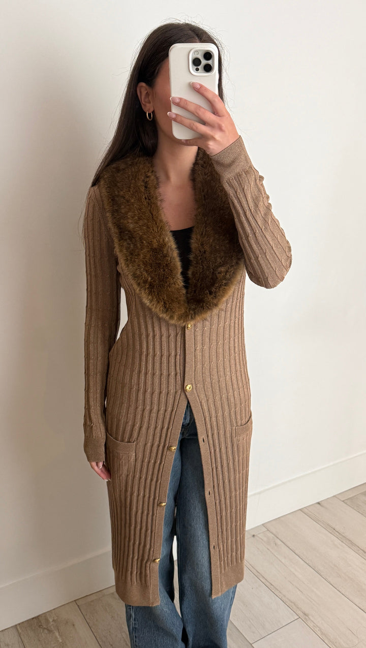 Saint Laurent Biege Knit Faux Fur-Trimmed Cardigan Dress Size L