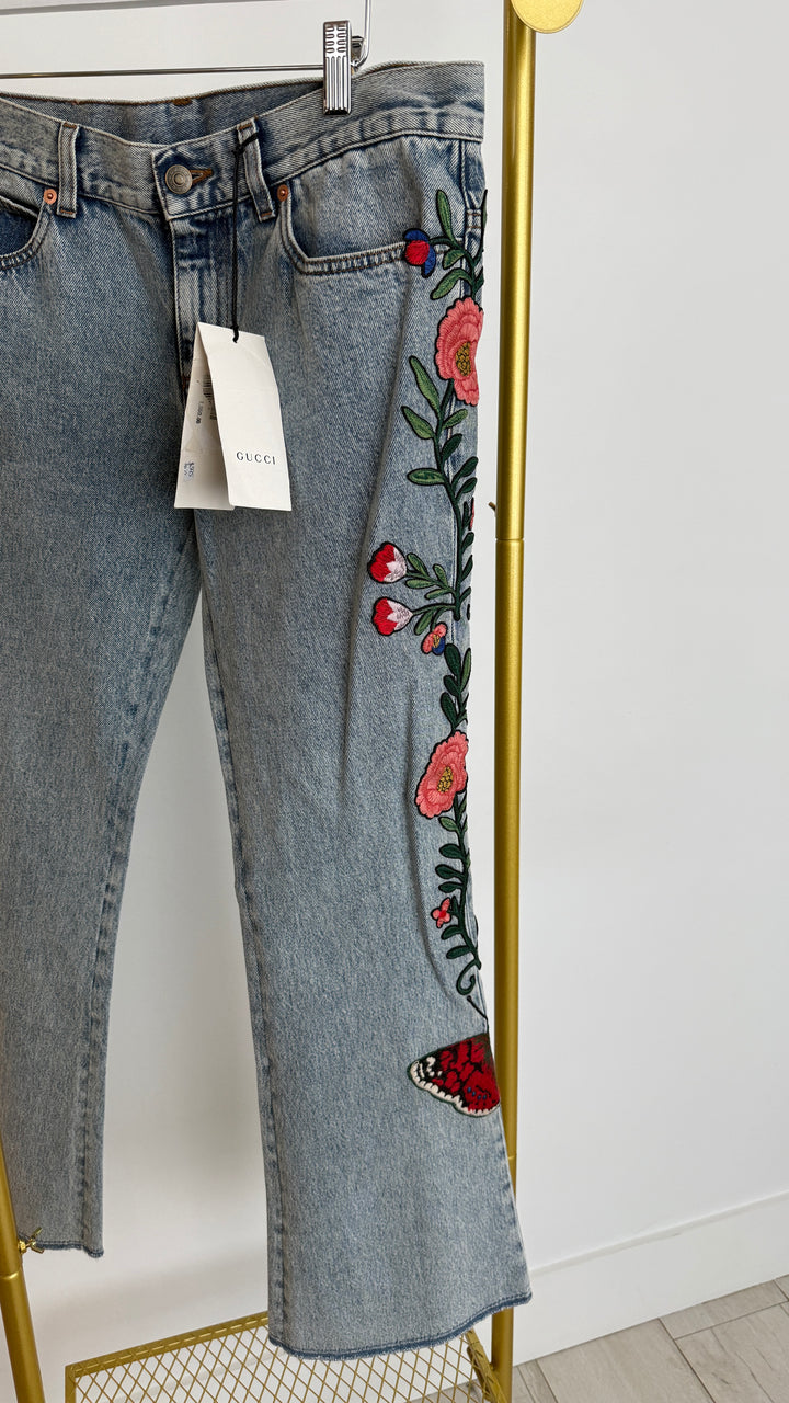 Gucci Light Wash Bootcut Jeans with Floral Patches Size 27