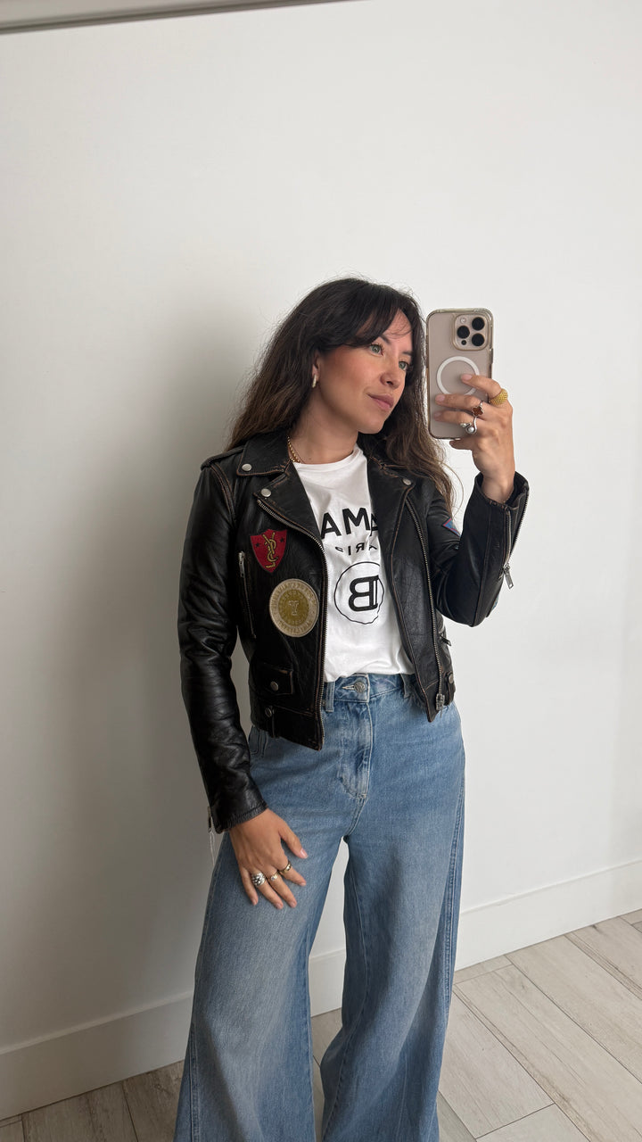 Saint Laurent Black Calf Leather Patched Moto Jacket Size 36
