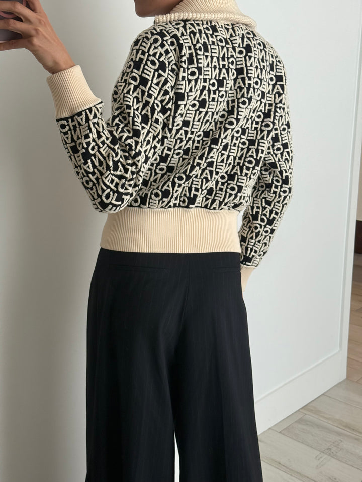 Pre-Loved Chanel™ Black and Cream Logo Lettering Knit Jacket Size 38