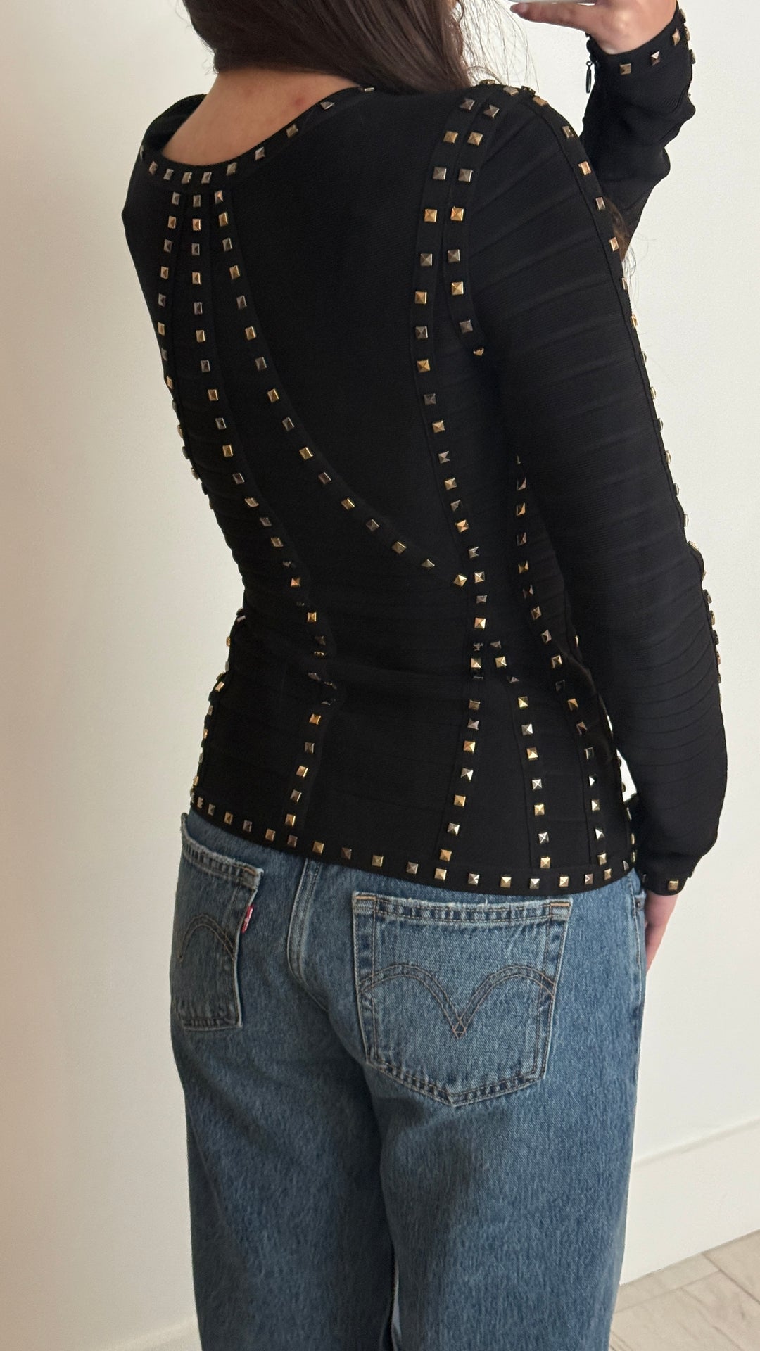 Herve Léger Black Rayon Studded Bandage Sweater Size S