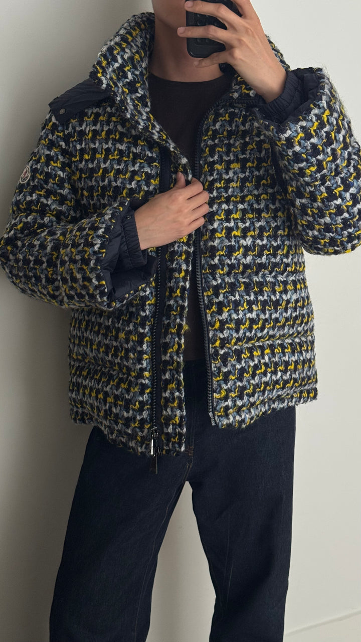 Moncler Blue & Yellow Wool-Cotton Blend Down Puffer Jacket Size 1