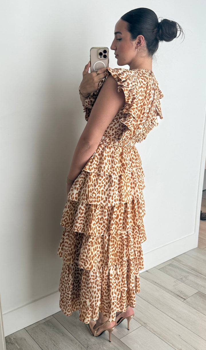 Ulla Johnson Animal Print V-Neck Ruffle Dress Size 4