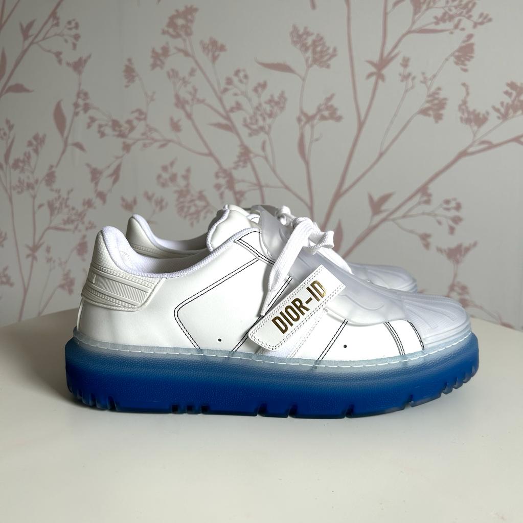 White and Blue Sneakers with Velcro Strap. (side)