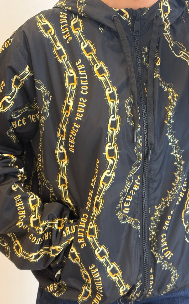 Versace Black Nylon and Gold Chains Print Zip Jacket Size 50