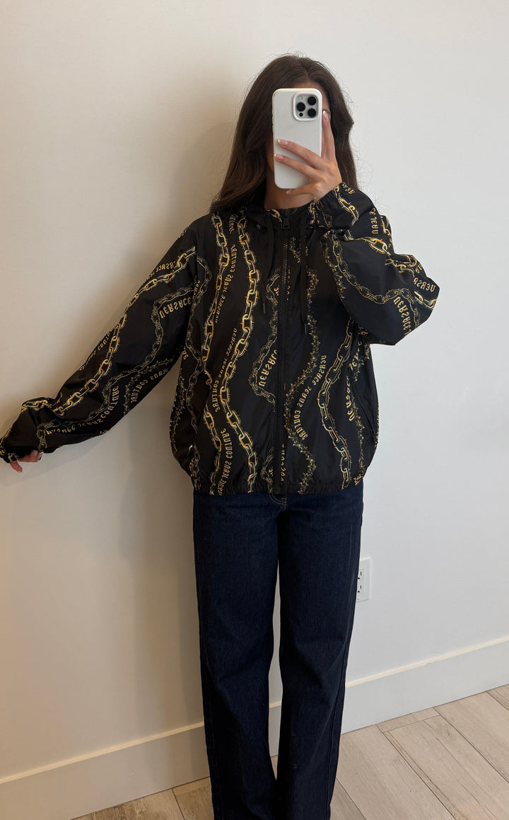 Versace Black Nylon and Gold Chains Print Zip Jacket Size 50