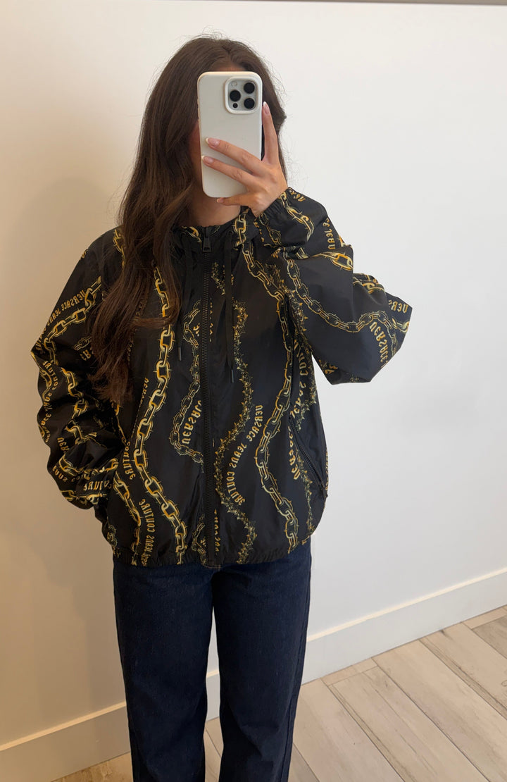 Versace Black Nylon and Gold Chains Print Zip Jacket Size 50