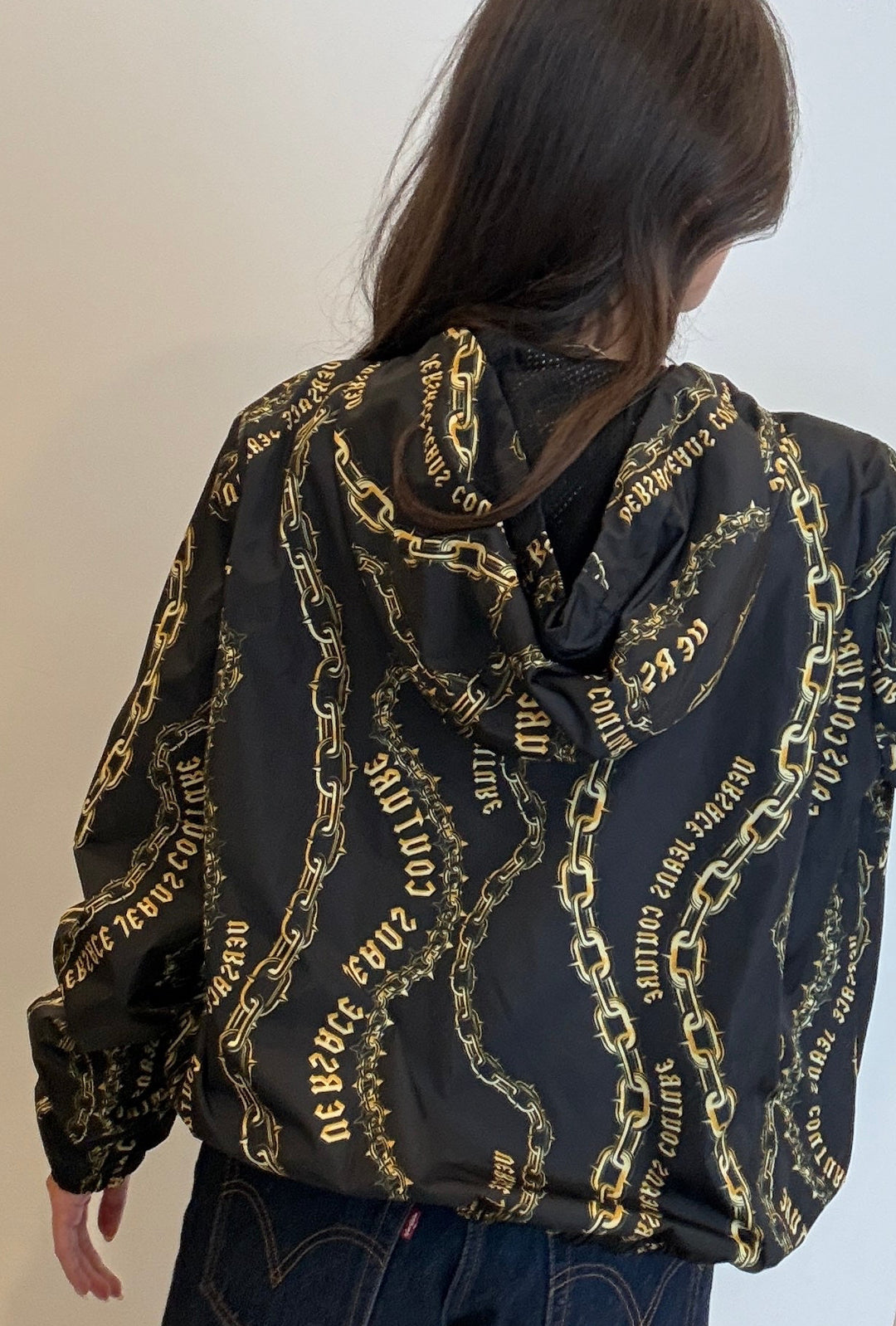 Versace Black Nylon and Gold Chains Print Zip Jacket Size 50