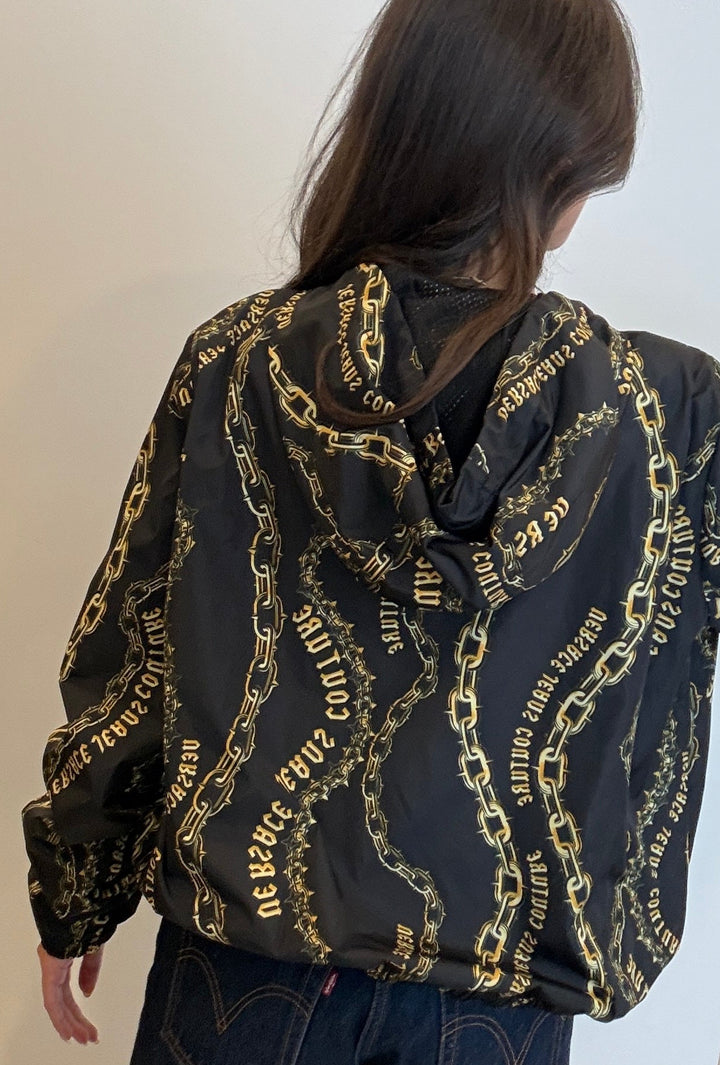 Versace Black Nylon and Gold Chains Print Zip Jacket Size 50