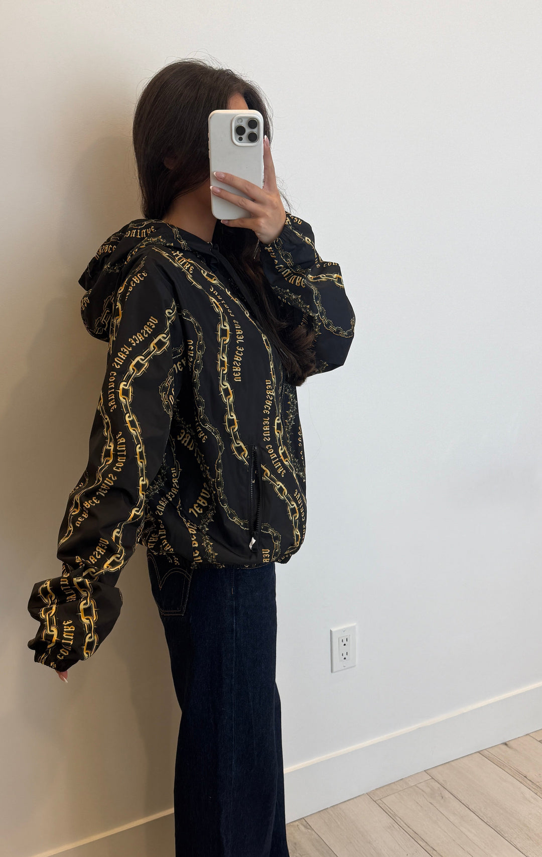 Versace Black Nylon and Gold Chains Print Zip Jacket Size 50