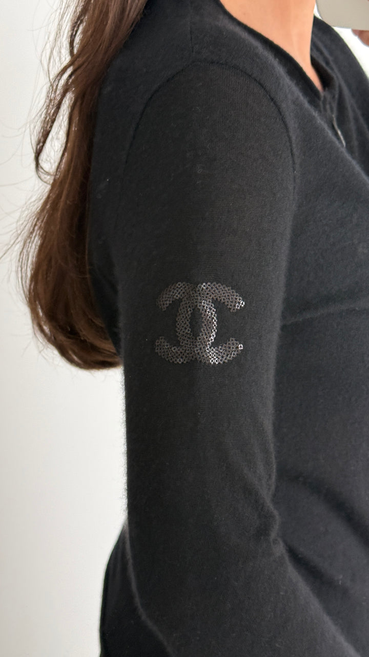 Pre-Loved Chanel™ Black Knit Zip Up Sweater with Sequin Logo on Sleeve