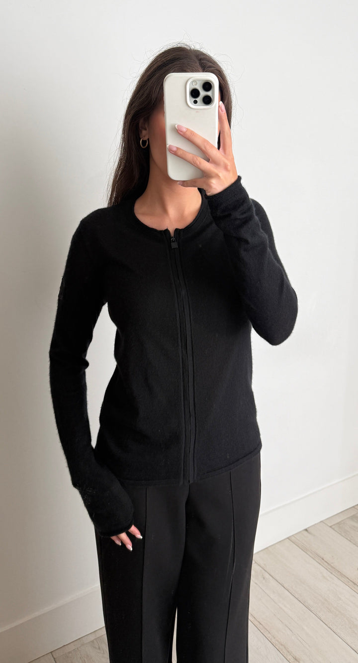 Pre-Loved Chanel™ Black Knit Zip Up Sweater with Sequin Logo on Sleeve