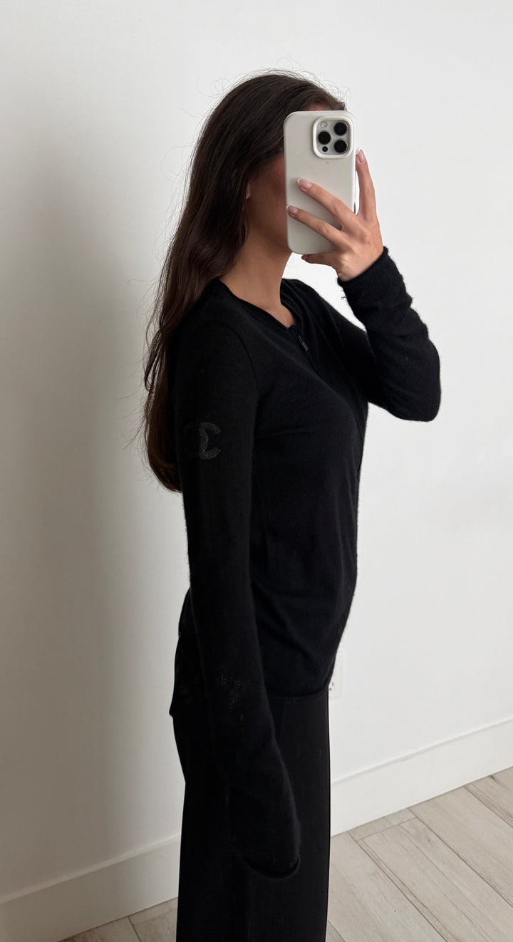 Pre-Loved Chanel™ Black Knit Zip Up Sweater with Sequin Logo on Sleeve