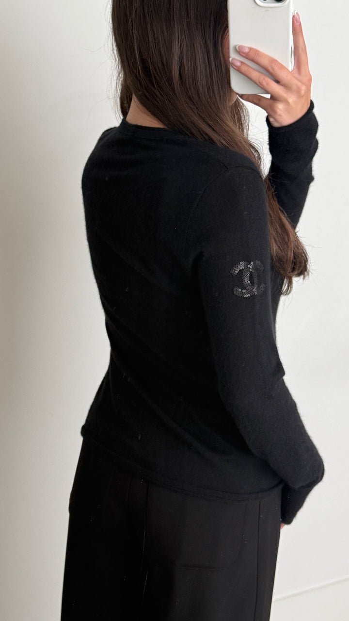 Pre-Loved Chanel™ Black Knit Zip Up Sweater with Sequin Logo on Sleeve