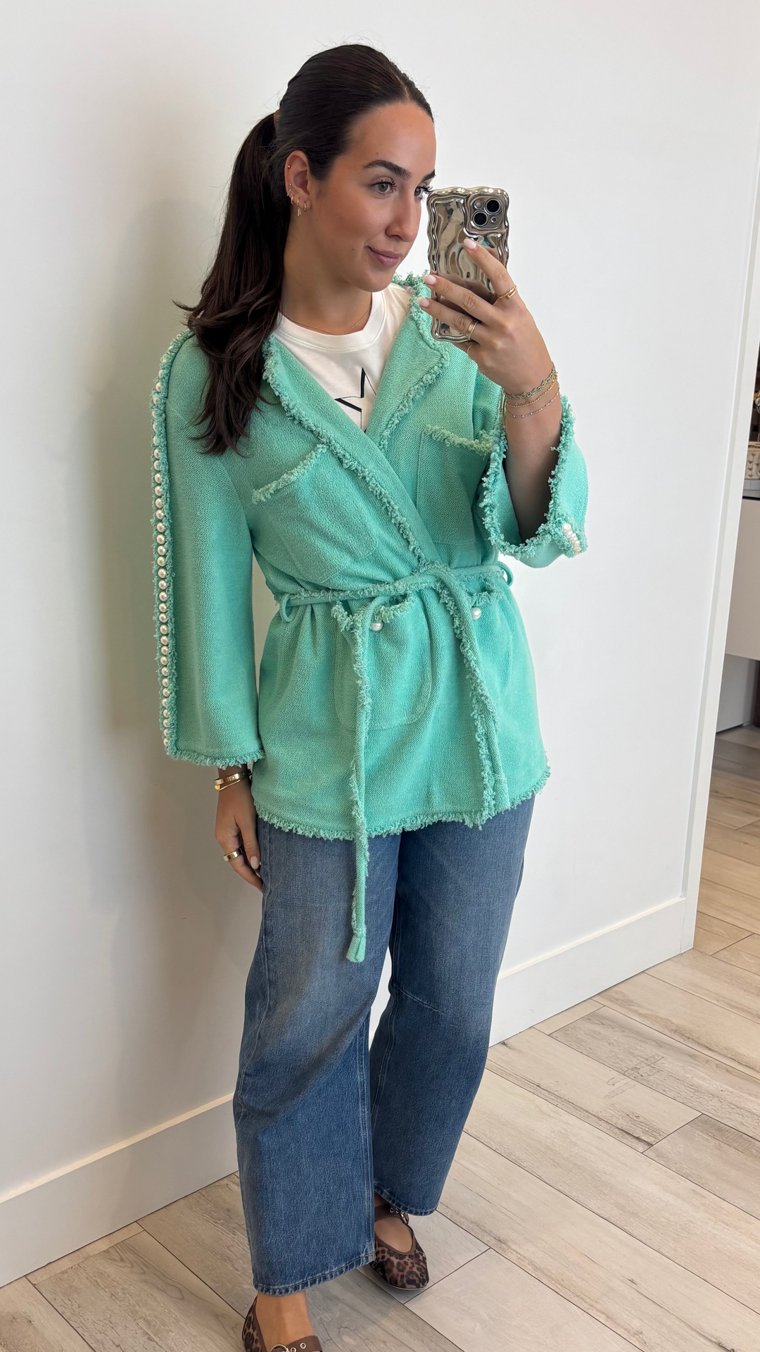 Pre-Loved Chanel™ Teal Wrap Cardigan with Pearl Detail Size 40