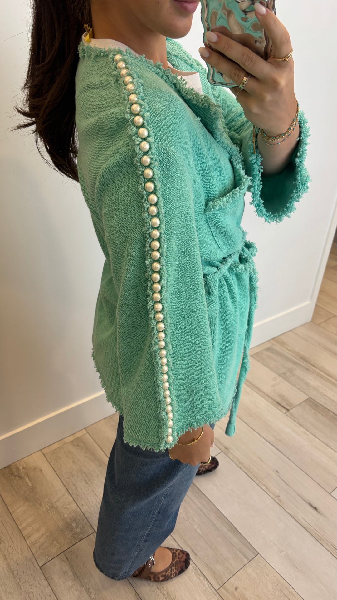 Pre-Loved Chanel™ Teal Wrap Cardigan with Pearl Detail Size 40