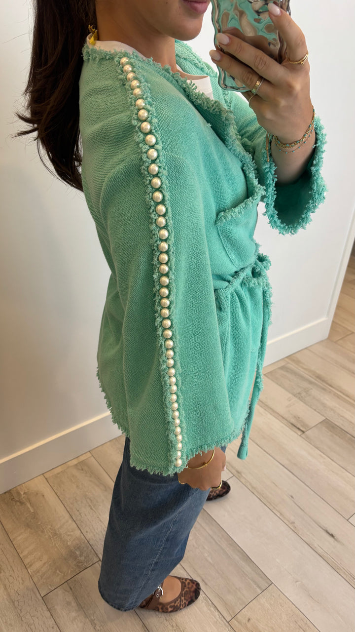 Pre-Loved Chanel™ Teal Wrap Cardigan with Pearl Detail Size 40