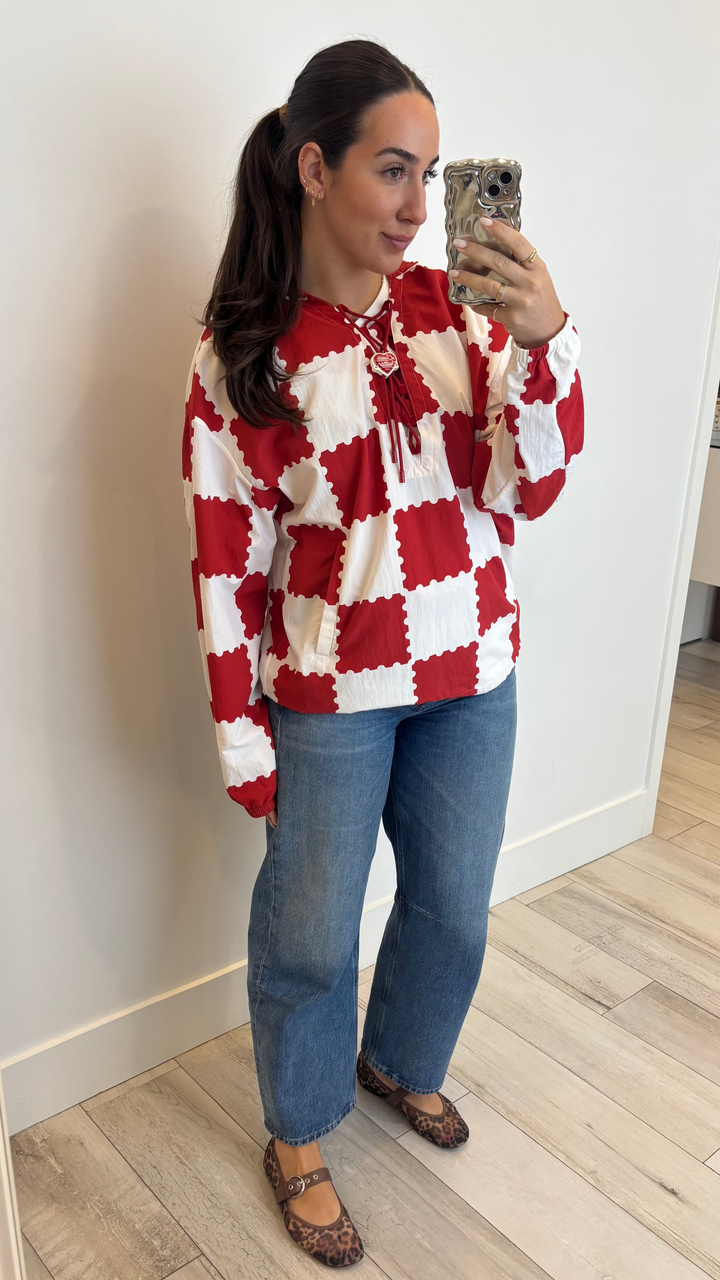 Louis Vuitton White and Red Check Print Shirt with Lace Detail Size 48