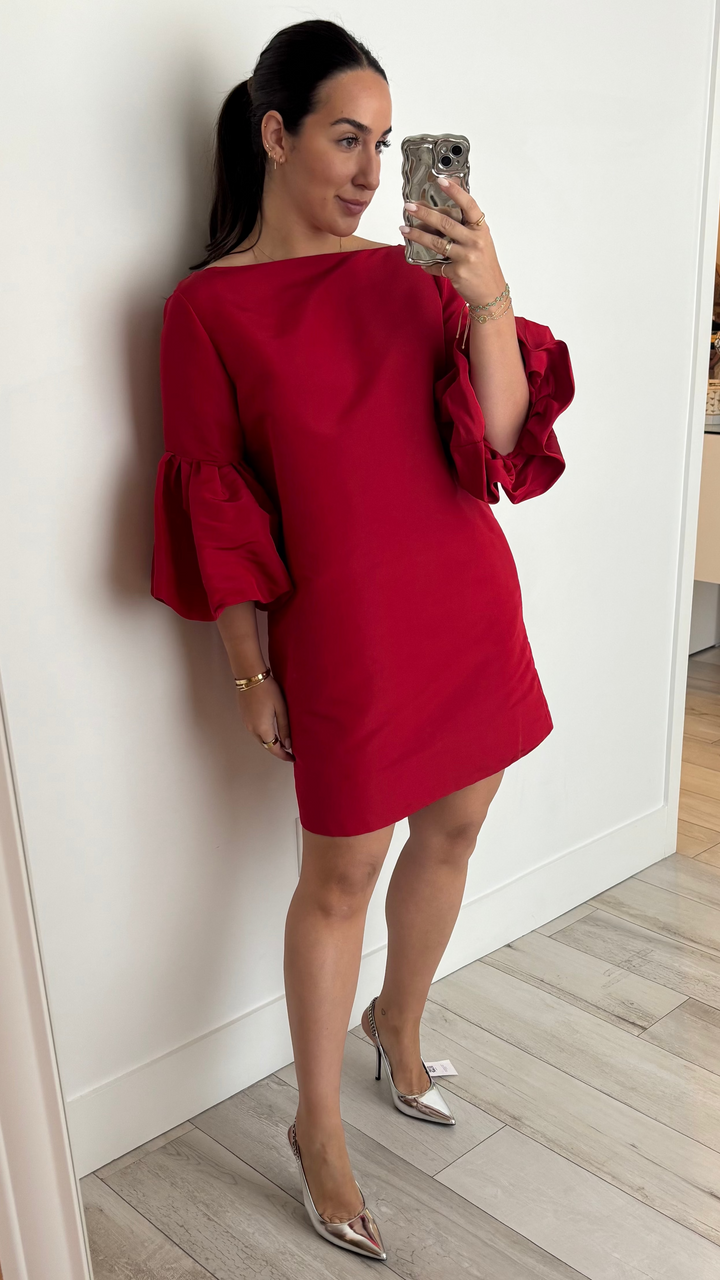 Oscar De La Renta Red Dress with Puffed Sleeve and Bow Detail Size 8