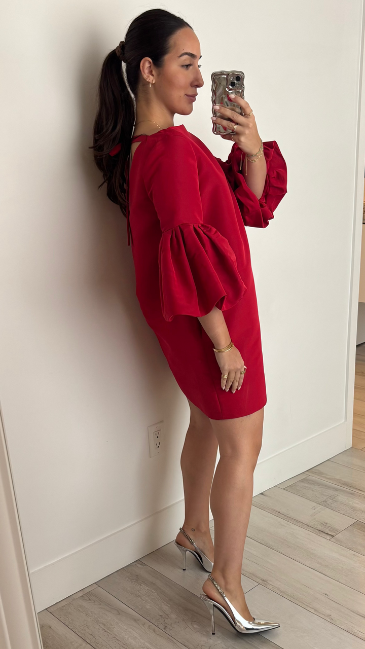 Oscar De La Renta Red Dress with Puffed Sleeve and Bow Detail Size 8