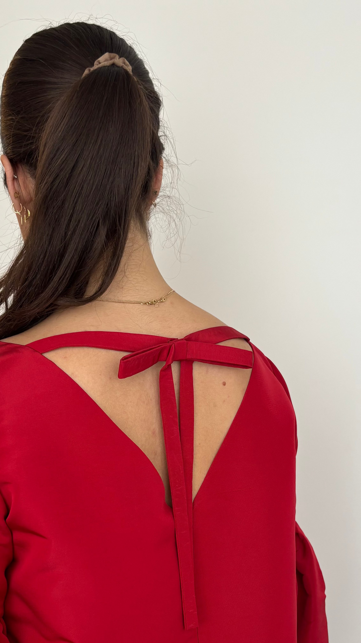 Oscar De La Renta Red Dress with Puffed Sleeve and Bow Detail Size 8