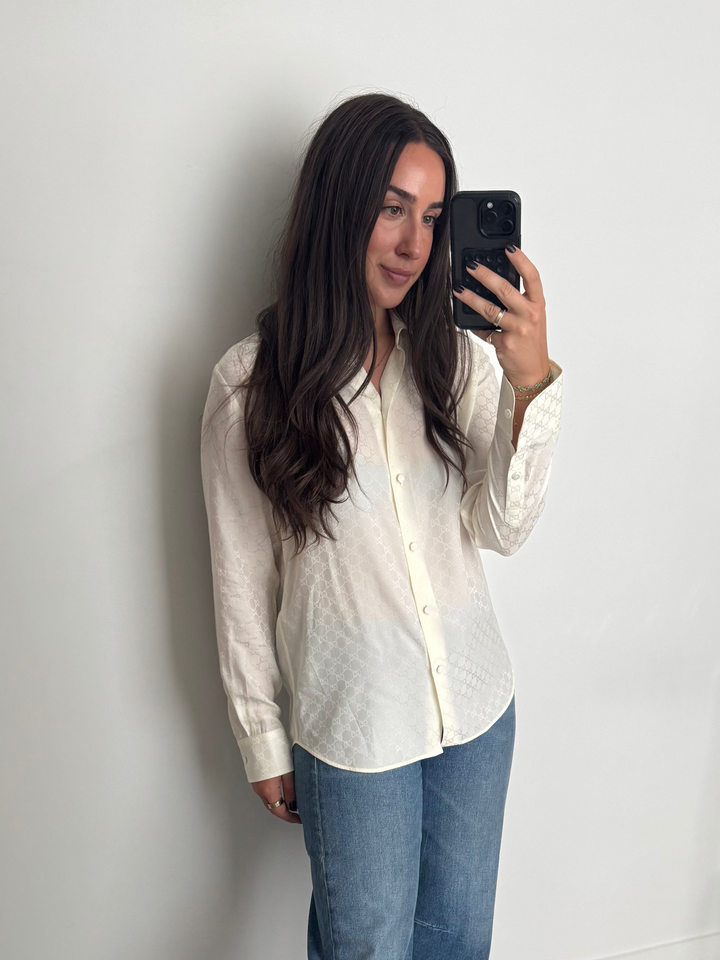 Gucci White GG Supreme Silk Button Up Top Size 44