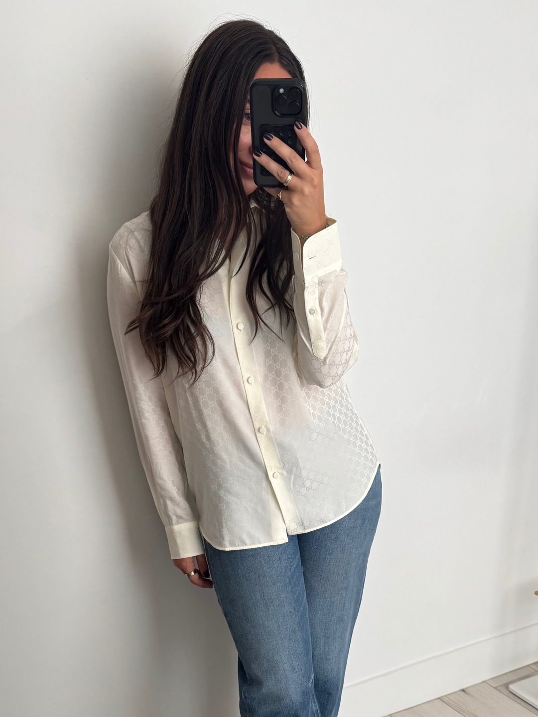 Gucci White GG Supreme Silk Button Up Top Size 44