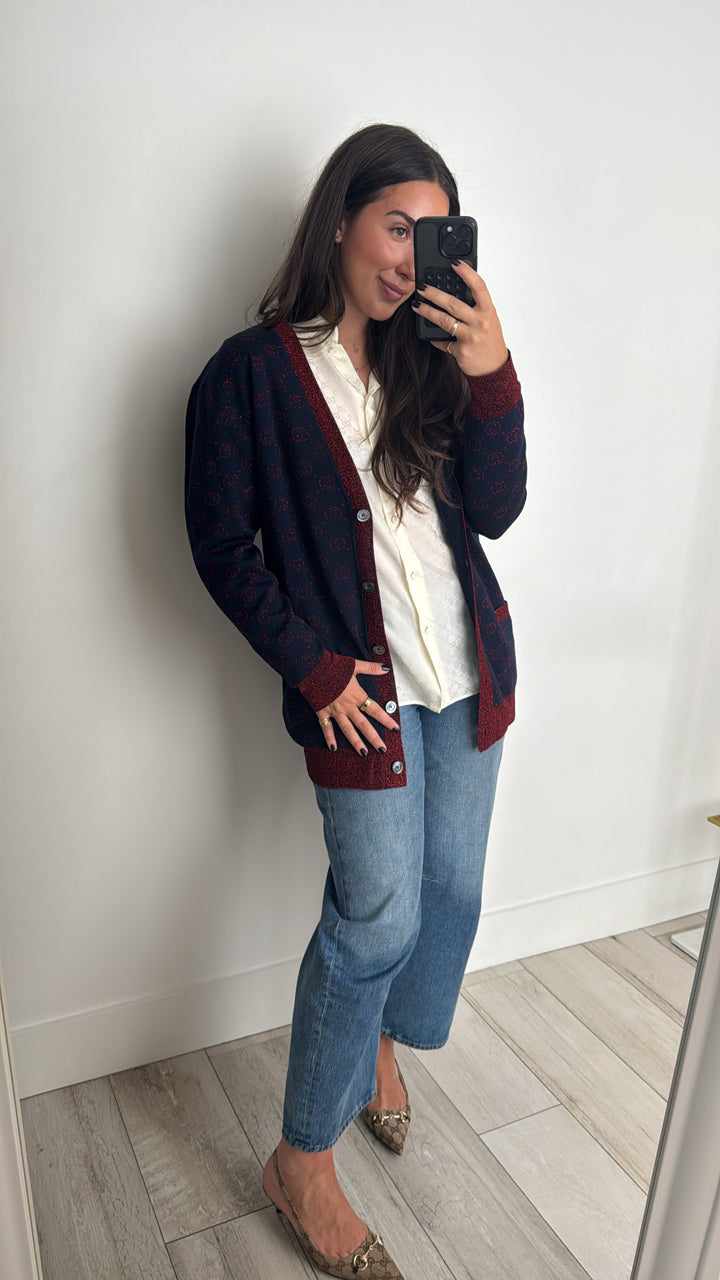 Gucci Navy Blue & Red Wool Blend Cardigan Size S