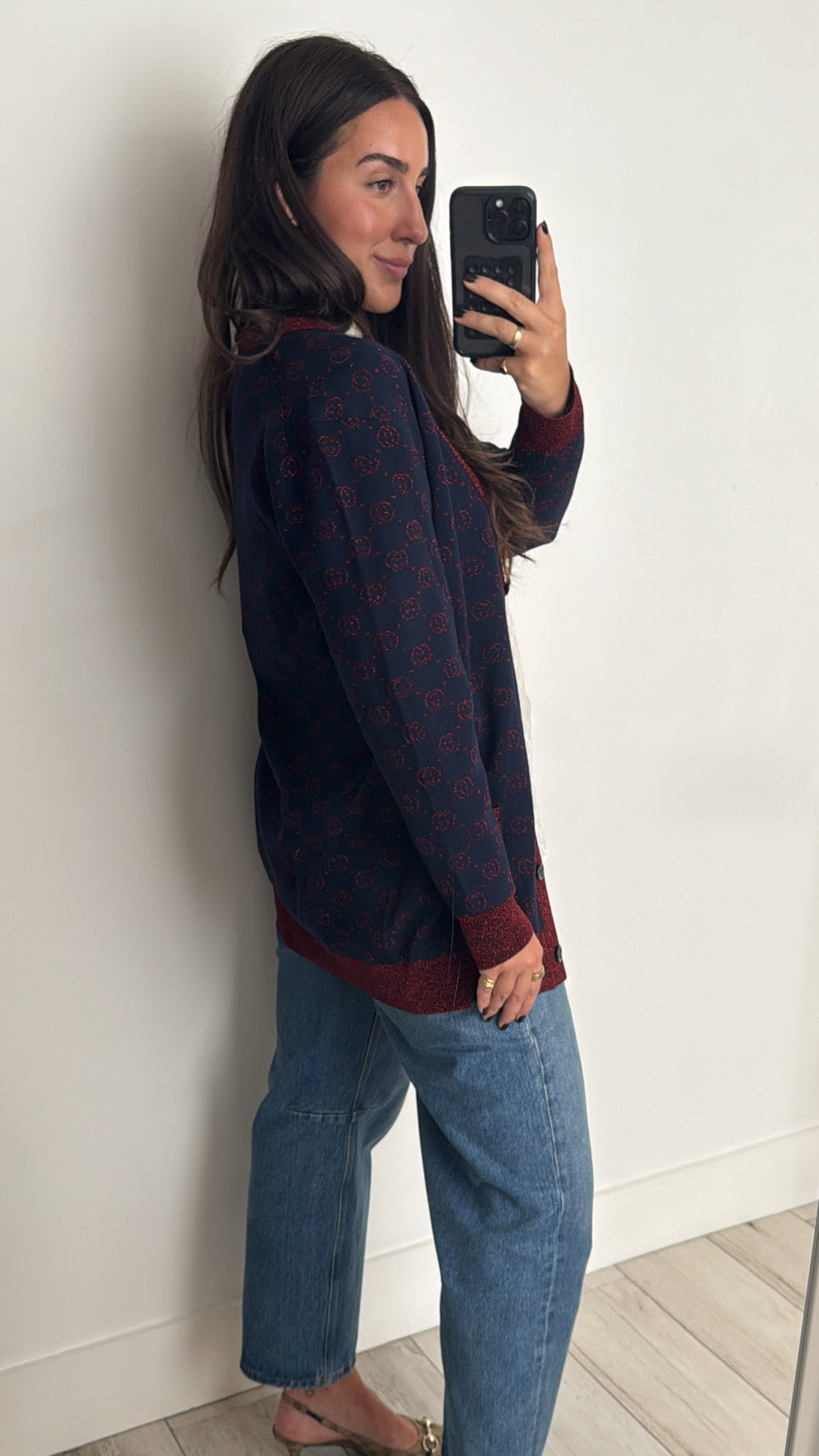 Gucci Navy Blue & Red Wool Blend Cardigan Size S
