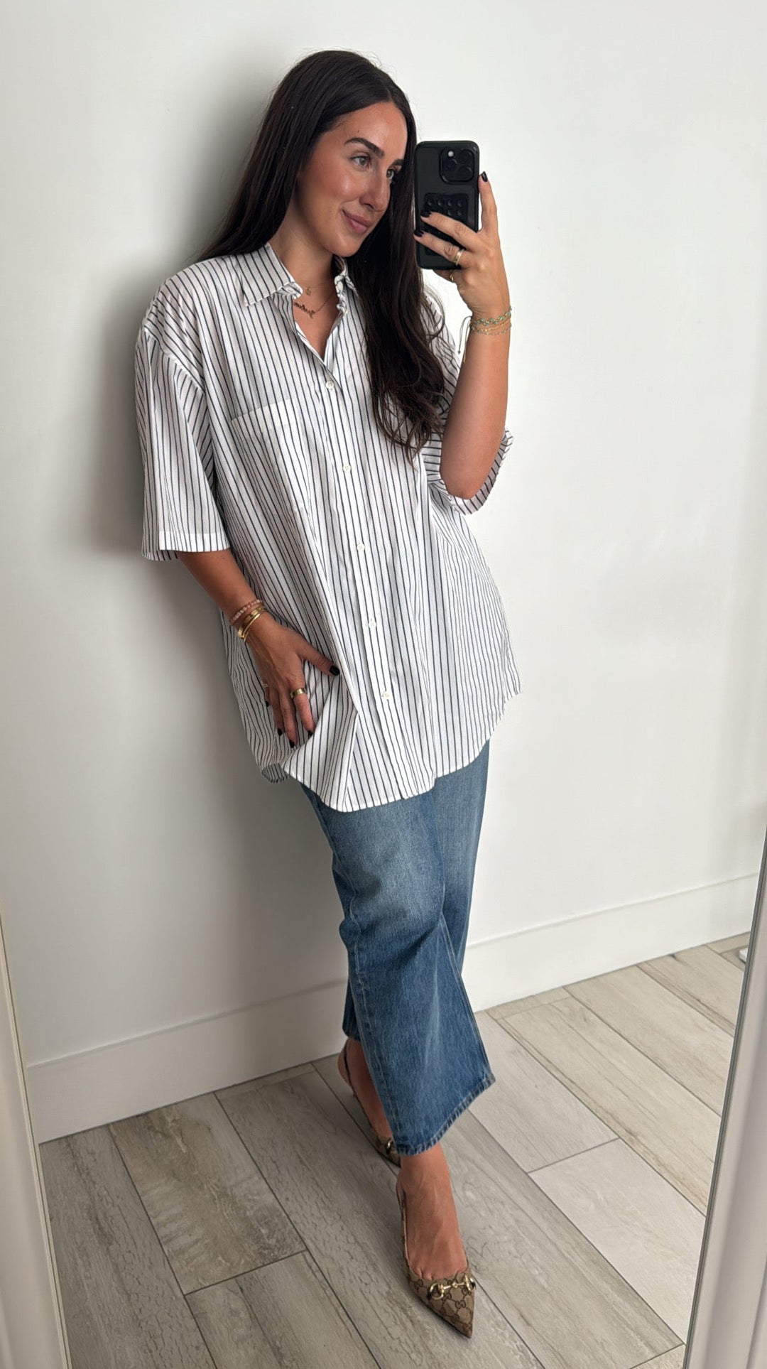 Balenciaga White Cotton Striped Short Sleeve Button Up Top Size 40