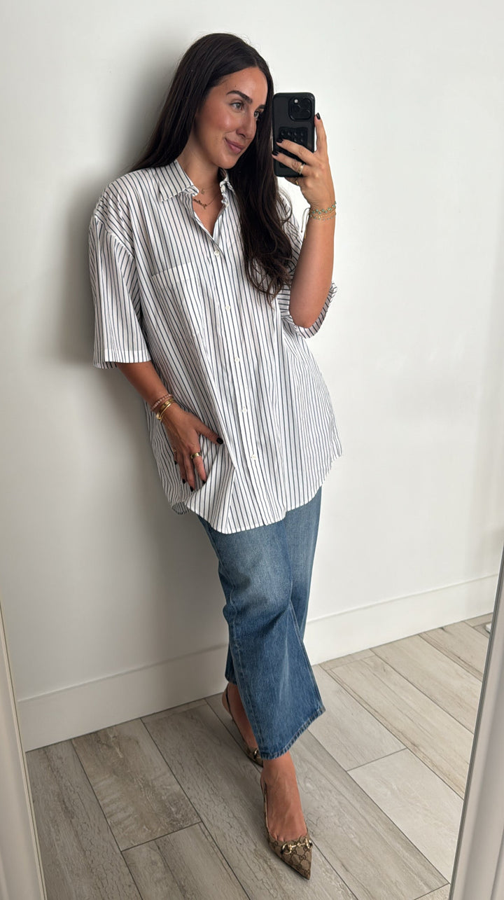 Balenciaga White Cotton Striped Short Sleeve Button Up Top Size 40