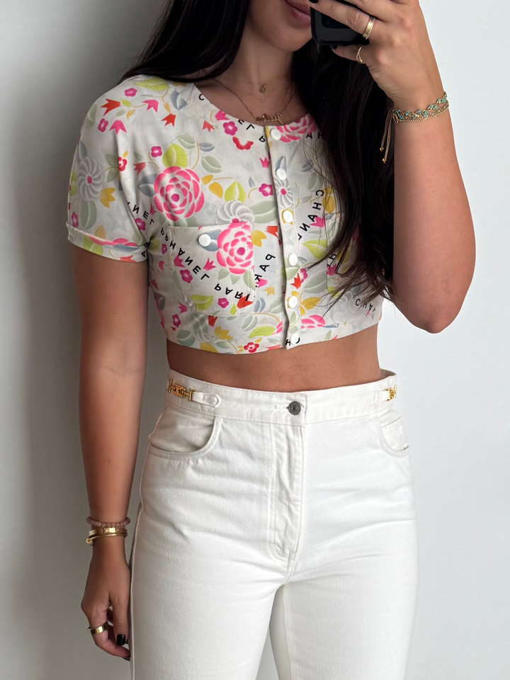 Pre-Loved Chanel™ Multicolour Floral Printed Button-Up Cropped Shirt Size 42