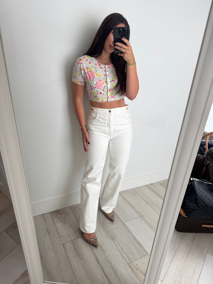 Pre-Loved Chanel™ Multicolour Floral Printed Button-Up Cropped Shirt Size 42