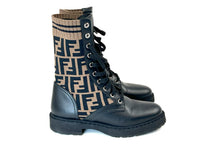 Pre-Loved Brown and Black Monogram Stretch Knit and Black Leather Lace Up Combat Boots.(side)