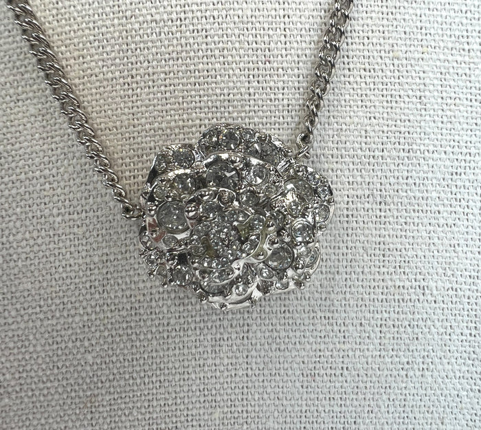 Excellent Pre-Loved Silver Tone Crystal Embellished 3-Tier Camellia Pendant Necklace. (close up)