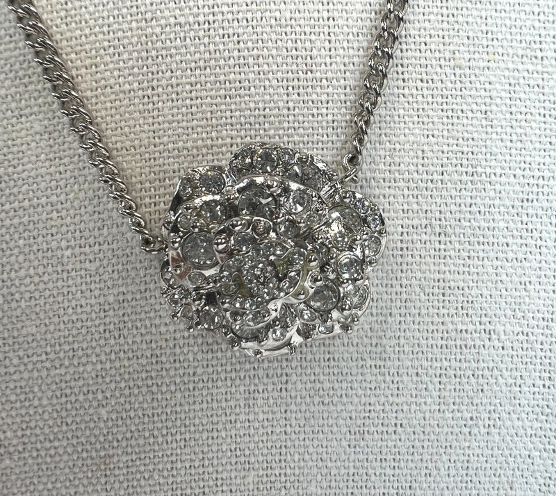 Excellent Pre-Loved Silver Tone Crystal Embellished 3-Tier Camellia Pendant Necklace. (close up)