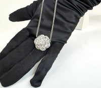 Excellent Pre-Loved Silver Tone Crystal Embellished 3-Tier Camellia Pendant Necklace. (close up)