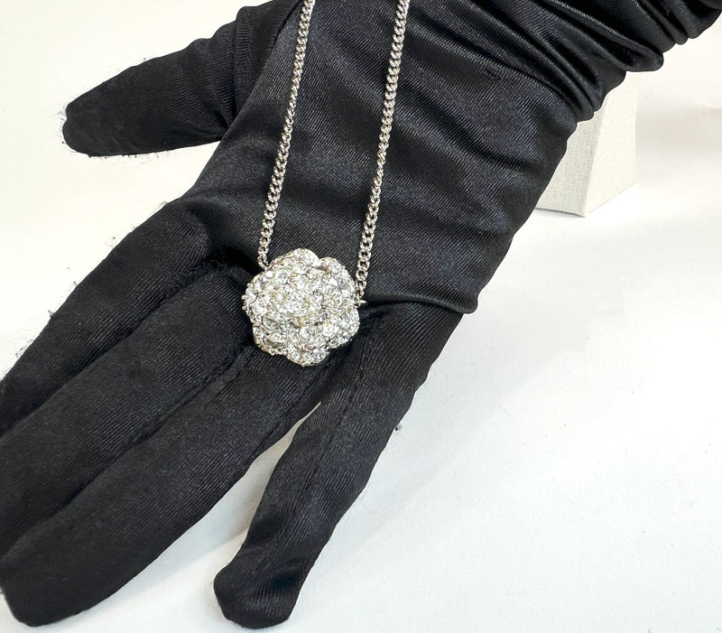 Excellent Pre-Loved Silver Tone Crystal Embellished 3-Tier Camellia Pendant Necklace. (close up)