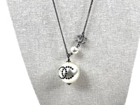 Excellent Pre-Loved Blue Crystal Embellished Logo Faux Pearl Chain Long Necklace.(close up)