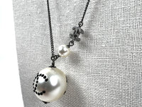 Excellent Pre-Loved Blue Crystal Embellished Logo Faux Pearl Chain Long Necklace.(close up)