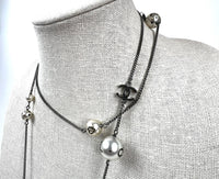 Excellent Pre-Loved Blue Crystal Embellished Logo Faux Pearl Chain Long Necklace.(double wrapped)
