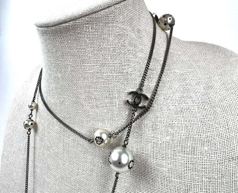 Excellent Pre-Loved Blue Crystal Embellished Logo Faux Pearl Chain Long Necklace.(double wrapped)