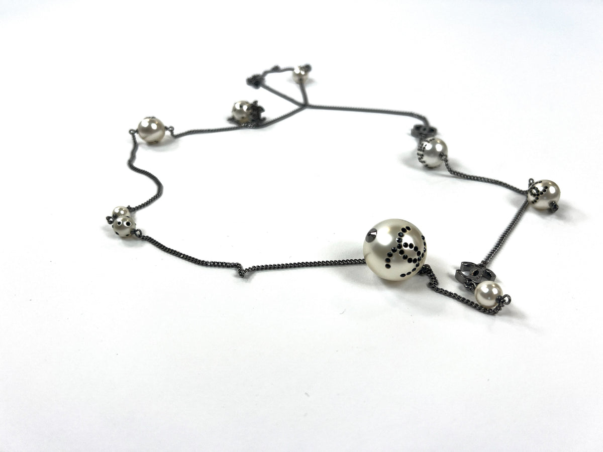 Excellent Pre-Loved Blue Crystal Embellished Logo Faux Pearl Chain Long Necklace. (front)