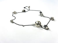 Excellent Pre-Loved Blue Crystal Embellished Logo Faux Pearl Chain Long Necklace. (front)