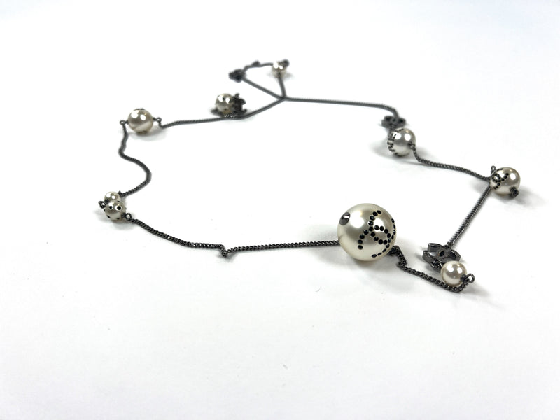Excellent Pre-Loved Blue Crystal Embellished Logo Faux Pearl Chain Long Necklace. (front)