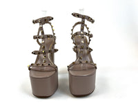 Excellent Pre-Loved Mauve Leather Studded Strappy Platform Block Heel Sandals.(front)
